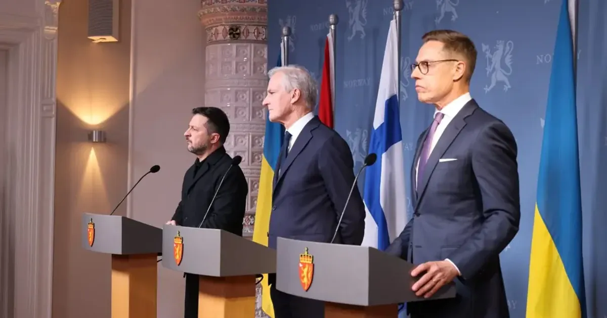 Президент Зеленський, прем’єр-міністр Норвегії Стере та президент Фінляндії Стубб в Осло, 20 жовтня 2026 р. Фото прес-служби прем'єра Норвегії
