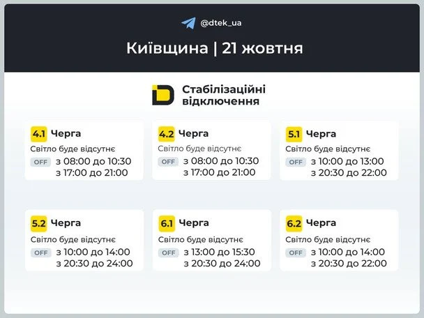 Для Київщини оприлюднили графіки відключень на 21 жовтня / © ДТЕК